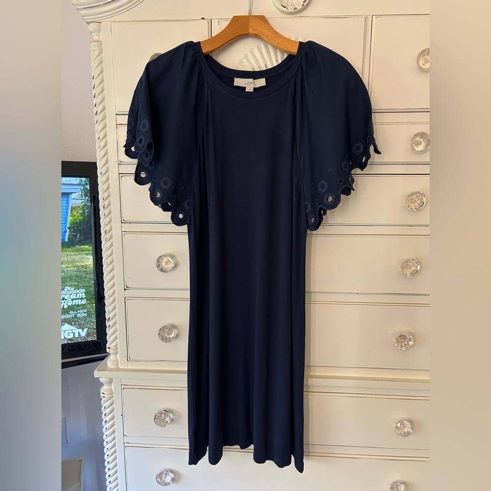 LOFT Dark Blue Dress with Eyelet Sleeves